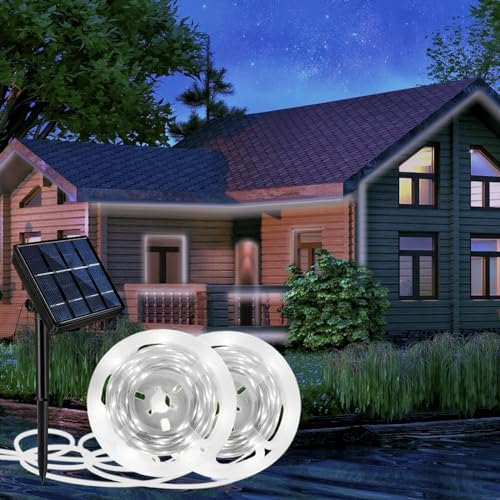 Aitesuo Solar LED Strip 10m, 2x5m Kaltweiß 6000K Solarbetriebene LED Streifen Außen, 360 LEDs, 8 Modi, Schneidbar, IP65 Wasserdicht, LED Band Selbstklebend für Garten, Terrasse, Balkon, Treppe Deko von Aitesuo