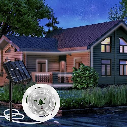 Aitesuo Solar LED Strip 5m, Kaltweiß 6000K Solarbetriebene LED Streifen Außen, 180 LEDs, 8 Modi, Schneidbar, IP65 Wasserdicht, LED Band Selbstklebend für Garten, Terrasse, Balkon, Treppe, Camping von Aitesuo