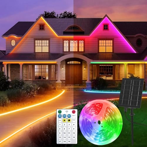 Aitesuo Solar LED Strip 5m, RGB & Warmweiß 3000K LED Streifen Außen mit Fernbedienung, Dimmbar, 19 Modi, Timers, 600 LEDs, IP65 Wasserdicht, LED Band für Garten, Terrasse, Party Deko von Aitesuo