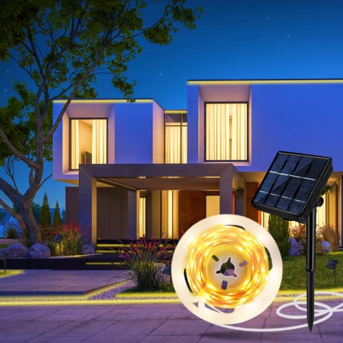 Aitesuo Solar LED Strip 5m, Warmweiß 2700K Solarbetriebene LED Streifen Außen, 180 LEDs, 8 Modi, Schneidbar, IP65 Wasserdicht, LED Band Selbstklebend für Garten, Terrasse, Balkon, Treppe, Camping von Aitesuo