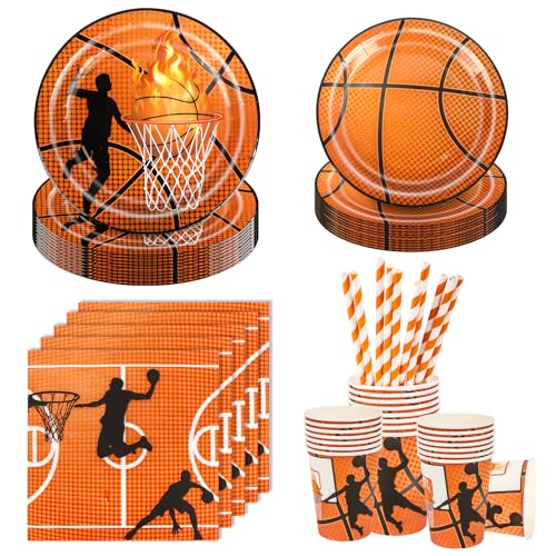 Aitsite 100 Stück Basketball Partygeschirr Set, Basketball Partyteller Geburtstag für 20 Gäste, Basketball Geburtstag Geschirr, Basketball Party Deko Set, Kindergeburtstag Teller Becher Servietten von Aitsite