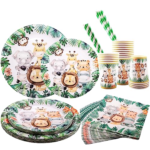 Aitsite 100 Stück Partygeschirr Set, Waldtiere Party Papptellerfür 20 Gäste, Wiederverwendbar Papier Geschirr Set mit Papierteller Becher Servietten von Aitsite