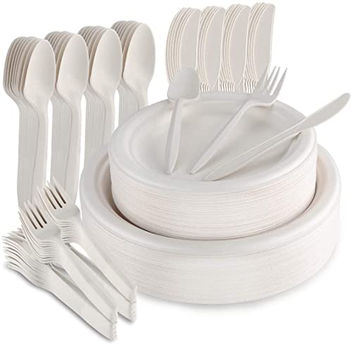 Aitsite 250 Stück Teller Set, Kompostierbar Ökologisch Pappteller, Gabeln,Messer und Löffel kombiniert,für Grillfest,Camping,Picknick oder Party (Beige) von Aitsite