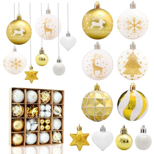 Aitsite 38 Stück Weihnachtskugeln Weiß Gold, Christbaumkugeln Kunststoff mit Aufhängen, Bruchsicher Christbaumschmuck Set Weihnachtsbaum Kugeln, Weihnachtsbaumkugeln für Weihnachtsdeko Innen Aussen von Aitsite