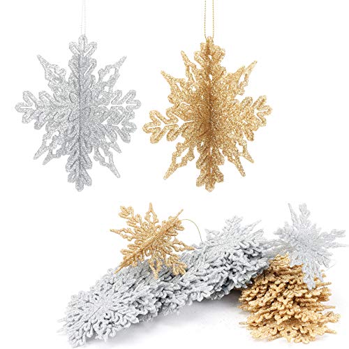 Aitsite 16 Stück 3D Glitter Snowflake Ornaments, 4 Zoll Schneeflocke Kunststoff Hanging Crafts Snowflake Dekoration für Hochzeit Party & Home Decorations (Gold + Silber) von Aitsite