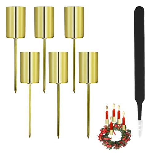 Aitsite 6 Stück Stabkerzenhalter Gold, 2.5 x 11cm Adventskranz Kerzenhalter mit Kappe und Pinzette für Stabkerzen Weihnachtsdekorationen Adventskränze und Tischdekorationen von Aitsite