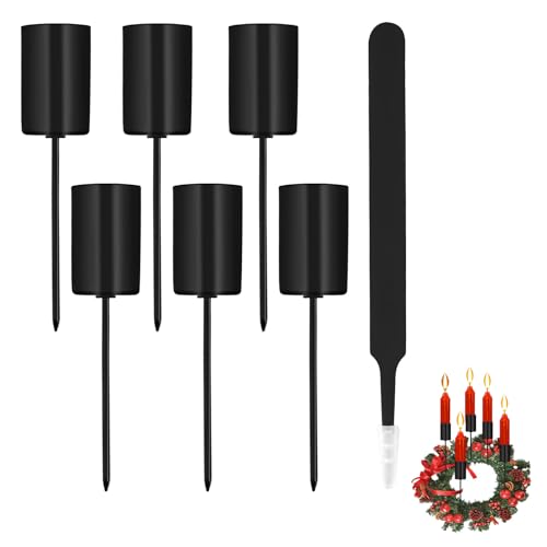 Aitsite 6 Stück Stabkerzenhalter Schwarz, 2.5 x 11cm Adventskranz Kerzenhalter mit Kappe und Pinzette für Stabkerzen Weihnachtsdekorationen Adventskränze und Tischdekorationen von Aitsite