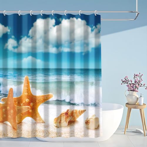 Aitsite Duschvorhang Duschvorhänge Anti-Schimmel Duschvorhang für Badewanne Textil-Vorhang Badezimmer Sandstrand Waschbar Wasserabweisend mit 12 Duschvorhangringen (180 * 180 cm) von Aitsite