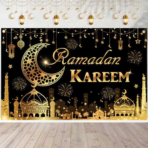 Aitsite Eid Mubarak Banner, Ramadan Banner, Schwarz Gold Ramadan Dekoration Banner, Ramadan Kareem Hintergrund mit Stern Mond für Eid Muslim Party Dekorationen von Aitsite