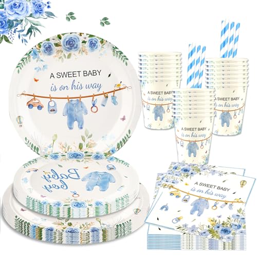 Aitsite Gender Reveal Party Deko Geschirr Set für 10 Gäste Pappteller Servietten Becher Tischdeko Boy or Girl Deko Partyzubehör Babyparty von Aitsite