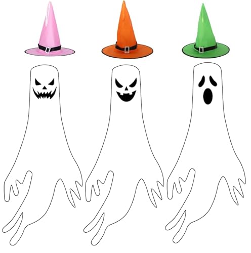 Aitsite Halloween Deko Geist Windsack mit Hexenhut, 3 Stück Hängende Geisterflagge mit LED Lichtern, Outdoor Innen Dekoration für Garten, Hof, Terrasse, Halloween Party (Hexengeist Typ) von Aitsite