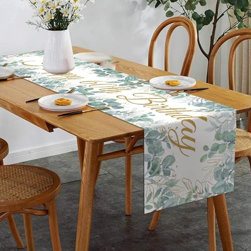Aitsite Tischläufer 60 Geburtstag Frühlingsgrün, Eukalyptusblatt Tischläufer 60 Geburtstag Jahrestag Feier Party Dinner Tisch Leinen Tischdecke 60 Deko 40 X 180 cm (60th) von Aitsite
