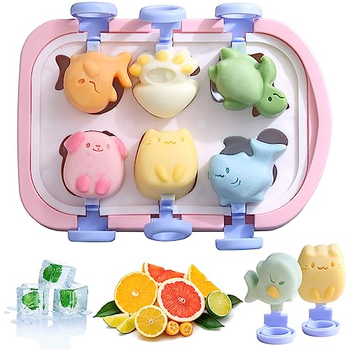 Eisformen Eis am Stiel Eisformen Silikon, 6 Zellen DIY Kreative Eisformen für Kinder und Baby, Silikon Eisformen mit Stiel BPA Frei Wiederverwendbar, Baby Eisformen mit Deckel Wassereis Form von Aitsite