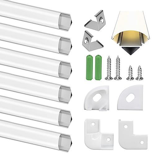 Aiuca LED Aluminium Profil 6 x 1m, LED Profil V-Form LED-Kanäle für LED Strips/Band, Led Profile with Milchig Weißer Abdeckung, mit Endkappen, Eckverbindern und Montageclips von Aiuca