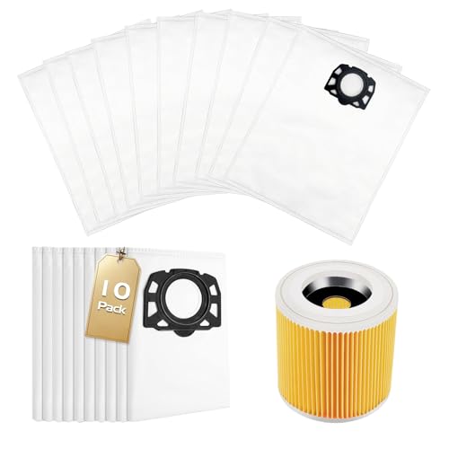 Aiuuee 10 Stück Staubsaugerbeutel für Kärcher WD 2 Plus、WD 2-18、WD 2、WD 3、WD 3-18、WD 3 Battery、KWD 1-3、MV 2、MV 3, 12 Staubsaugerbeutel Beutel Ersatzteile + 1 Motorfilter von Aiuuee