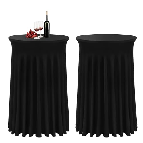 Aiuuee 2er Set Stehtisch Hussen, Stretch Cocktailtischdecke Tischdecke Rund 80cm mit Rock, Maschinenwäsche Cocktailtischrock Tischhussen für Stehtische, Party, Hochzeit, Banket (80 x 110 cm, Schwarz) von Aiuuee