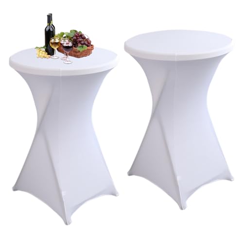 Aiuuee 2er Set Stehtisch Hussen Tischdecke, Weiß 80 * 110CM Stretch Spandex Hussen Stehtisch mit Rock, Bügelfrei Stehtischhussen für Party, Hochzeit, Stehtische, Banketttisch von Aiuuee