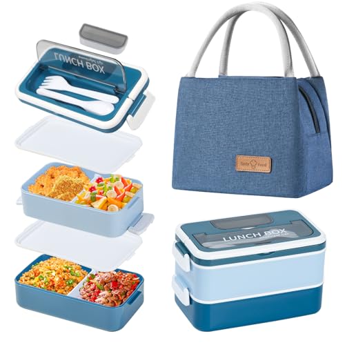 Aiuuee Brotdose Erwachsene Set, 2 Lagen 1600ml Lunchbox mit Kühltasche, Brotzeitdose mit Fächern & Besteck, Brotzeitbox für Picknick Arbeit Reisen(Blau) von Aiuuee