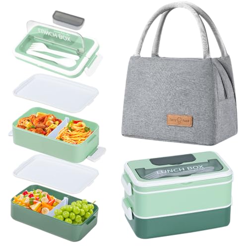 Aiuuee Brotdose Erwachsene Set, 2 Lagen 1600ml Lunchbox mit Kühltasche, Brotzeitdose mit Fächern & Besteck, Brotzeitbox für Picknick Arbeit Reisen (Grüne) von Aiuuee