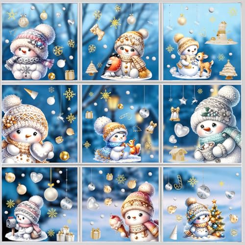 AivaToba 9 Stück Fensterbilder Weihnachten Schneemann Schneeflocken Weihnachtsdeko Fenster Wiederverwendbar Selbstklebend PVC Static Fensterfolie von AivaToba