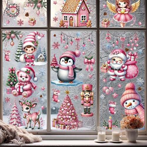 AivaToba 9 Stück Fensterbilder Weihnachten Schneemann Weihnachtsmann Elch Elfen Schneeflocken Rosa Weihnachtsbaum Weihnachtsdeko Fenster Wiederverwendbar Selbstklebend PVC Static Fensterfolie von AivaToba