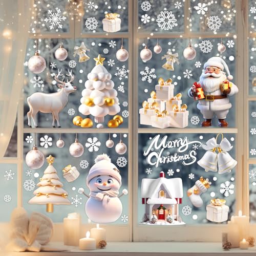 AivaToba 9 Stück Fensterbilder Weihnachten Schneemann Weihnachtsmann Schneeflocken Goldene Warme Geschenke Weihnachtsdeko Fenster Wiederverwendbar Selbstklebend PVC Static Fensterfolie von AivaToba