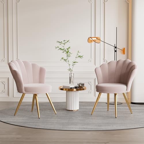 Aivermeil Velvet Accent Chair with Gold Metal Legs •Vanity Chair for Makeup Room •Upholstered Guest Chair for Living Room •Side Chair for Bedroom •Light Pink •Set of 2 von Aivermeil