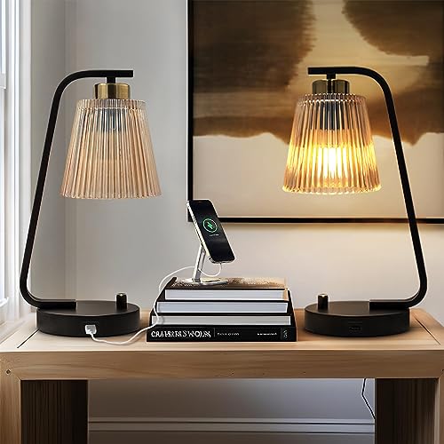 Aivond Nachttischlampen 2er-Set, Vintage Stufenlos Dimmbar Tischlampen mit USB-Anschluss, Bernstein Glasschirm Retro Schreibtischlampe für Schlafzimmer Wohnzimmer 2×E27 7W LED-Glühbirnen inkl. von Aivond