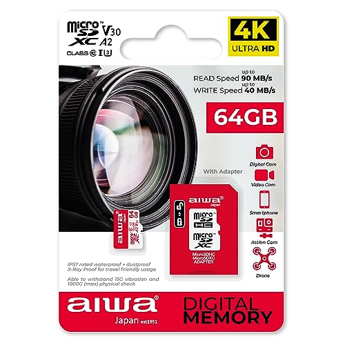 AIWA MSDV30 64GB MICROSDXC Class 10 Class U3 UHS Speicherkarte mit Adapter U3 A2 SDXC IP57 90Mbps AIWA MSDV30 64GB MICROSDXC Class 10 Class U3 UHS Speicherkarte mit Adapter U3 A2 SDXC IP57 90Mbps von Aiwa