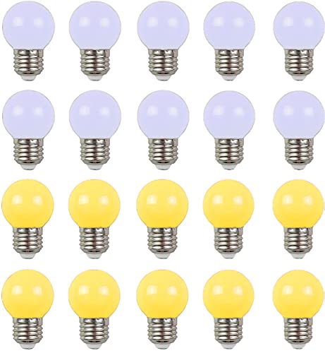 Aiwerttes 20 Stück farbige LED-Leuchtmittel E27 G45 2 W Golfball Lantern Leuchtmittel, Farbe Gelb, Warmweiß, für Lichterketten innen und außen, nicht dimmbar von Aiwerttes