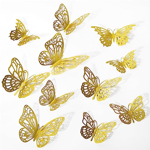 36 Stück goldene Schmetterlings-Dekorationen, 3D-Schmetterlings-Dekorationen mit 3 Stilen, 3 Größen, abnehmbare Schmetterlings-Wanddekor-Aufkleber (Gold) von Aixoom