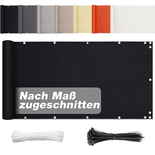 Balkon Sichtschutz Ohne Bohren 85 x 600cm Blickdichte (viele Längen & Breiten Zur Auswahl) PES Balkonumrandung für Terrasse Garten Zaun, Windschutz UV-Schutz, Schwarz von Aiyaoo