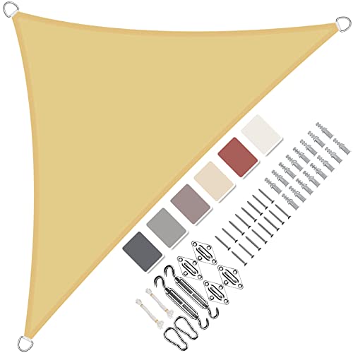 Sonnensegel Dreieckig Wasserdicht im Viele Größe und Farben, mit Befestigungs Kit PES Polyester, Sonnenschutz 95% UV Schutz, Reißfest Wetterfest für Terrasse Garten- Beige, 1.6x1.6x2.3m von Aiyaoo