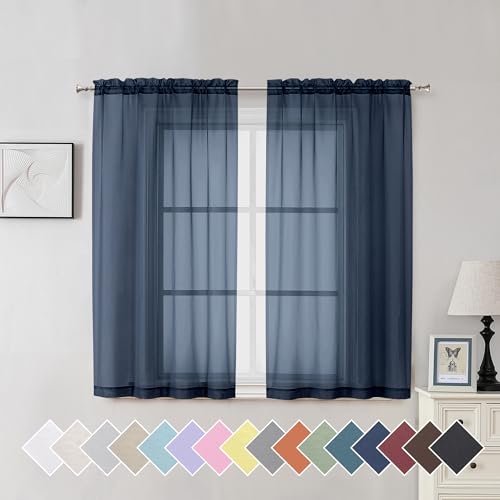 Aiyufeng Durchsichtige Fenstervorhänge, 137 cm, 2er-Set, lichtfilternd, solide Voile, Küchen-Vorhänge für kleine Fenster/Kinderzimmer/Badezimmer/Wohnzimmer/Schlafzimmer, 101x137 cm (LxL), Marineblau von Aiyufeng