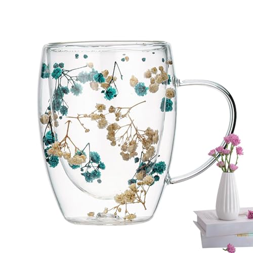 Aizuoni Doppelwandige Glas Kaffeetassen Mit Getrockneten Blumen, Doppelwandige Gläser, Teegläser Doppelwandig, Teetasse Aus Glas Mit Getrockneten Blumen, Doppellagige Trockenblumen Kaffeetasse von Aizuoni