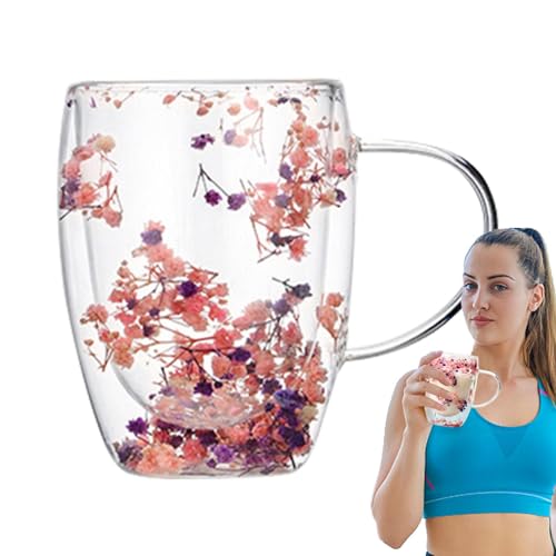 Aizuoni Doppelwandige Glas Kaffeetassen Mit Getrockneten Blumen, Doppelwandige Gläser, Teegläser Doppelwandig, Teetasse Aus Glas Mit Getrockneten Blumen, Doppellagige Trockenblumen Kaffeetasse von Aizuoni