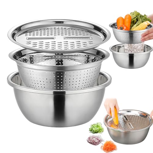 Aizuoni Multifunktionales Edelstahl-Waschbecken-Set - Rührschüssel-Set Reibeschüssel 3 in 1 - Salatschüssel, Aufbewahrungsschüssel für die Küche,Platzsparend & Stapelbar,Multifunktional,Silber von Aizuoni