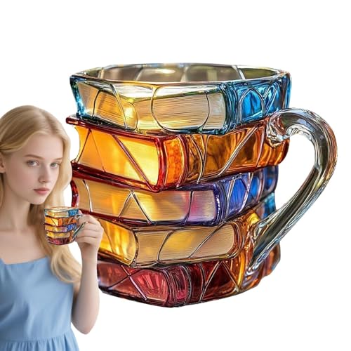 Bemalte Buchtasse, Painted Book Mug, Lackierter Buchbecher, Cappuccino Tasse Mit Griff Für Heißgetränke, Kreative 3D Bücher Stack Geformte Kaffeetassen Für Buchliebhaber Lehrer Literarische Freunde von Aizuoni