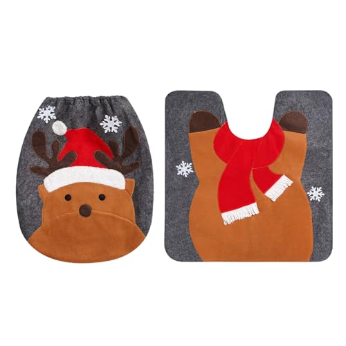 Aizuoni Christmas Toilet Seat Cover and Rug | Reindeer Toilet Seat Cover 2pcs | Snowman Santa Christmas Toilet Lid Cover and Rug for Warm Decor von Aizuoni