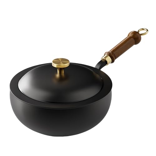 Unbeschichtete Eisenpfanne Mit Deckel, 20/24/26cm Chinesischer Handgefertigter Wok, Handgeschmiedeter, Mit Wärmespeicherfunktion,Pfanne Gusseisen Bratpfanne Mit Holzgriff, Ofenfest Für Haushalt von Aizuoni