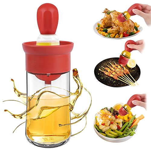 2-in-1 Glasölspender mit Silikonpinsel - Ölpinsel Flasche mit Silikonbürste und Glasölbehälter Ölflasche mit Pinsel für Küche, Kochen, Braten, Backen, Grillen und Pfannkuchen(1, Rot) von Ajerg