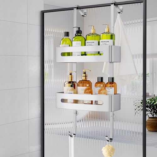 Ajex Duschablage zum Hängen, Duschregal ohne Bohren Edelstahl Badezimmer Organizer Shampoo Halterung Duschkorb Halterung Shower Shelf Mit 4 Haken und Zwei Körbe Für Rahmenlos Glastür von Ajex