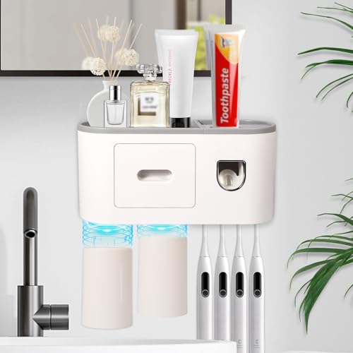 Ajex Zahnpastaspender,Zahnbürstenhalter Set zur Wandmontage mit Automatischer Zahnpastaspender,Zahnbürstenhalter für Badezimmer Deko mit 2 Magnetisch Becher,Zahnbürsten Organizer mit Großen Kapazität von Ajex