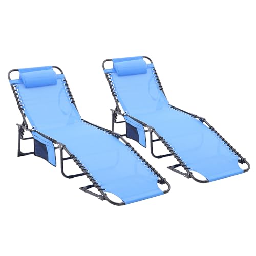 Ajikgn Patio Chaise Lounge, Outdoor Adjustable Reclining Tanning Chair with Pillow and Side Pocket for Rasen, Strand, Pool, tragbar, Camping und Sonnenbaden, Textilene, Blau von Ajikgn