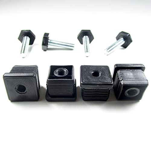 Ajile M10 x 40 Verstellschraube mit Metall Gewindestange sowie Hex Bodenplatte und 25x25 mm Kunststoff Quadratstopfen mit Gewindeloch SCHWARZ - 4 Stck. - KCH125 von Ajile