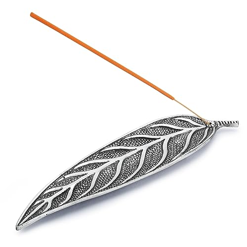 Ajuny Aluminium Räucherstäbchenbrenner mit Aschefänger, Silberne Oberfläche, Mangoblatt-Design, 23,5 cm, Räucherstäbchenhalter, Zubehör für Meditation, spirituelle Wohnkultur, Duft von Ajuny