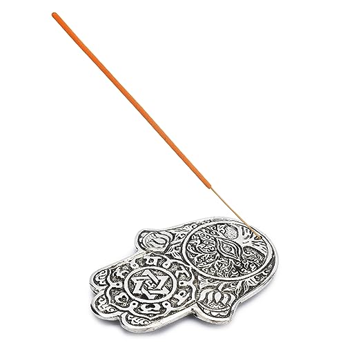 Ajuny Aluminium Räucherstäbchenbrenner mit Aschefänger, Silberne Oberfläche, tibetischer Stil, Räucherstäbchenhalter, Hand-Design Hamza, 13 cm, Zubehör für Meditation, spirituelle Wohnkultur, Duft von Ajuny