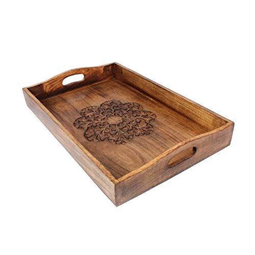 Ajuny Dekoratives Tablett aus Holz zum Servieren von Snacks Früchten Tee handgeschnitztes Blumenmuster Geschenke für Zuhause und die Küche von Ajuny