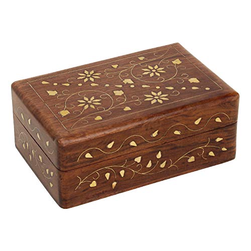 Ajuny Hand Crafted hölzerne dekorative Trinket Schmuckkasten mit Mughal inspiriert floralen Schnitzereien Design mit Messing Inlay Zentrum Blume Schatztruhe Andenken Boxen Aufbewahrungs organisator von Ajuny