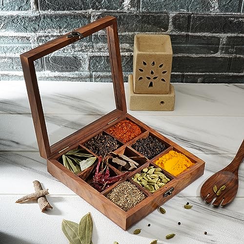 Ajuny Hölzerne Masala Dabba indische Gewürzbehälterbox mit Glasdeckel oben, 9 abnehmbare Behälter und 1 Designer Löffelkanister Gewürz Organizer Sheesham Palisander tolles Geschenk von Ajuny